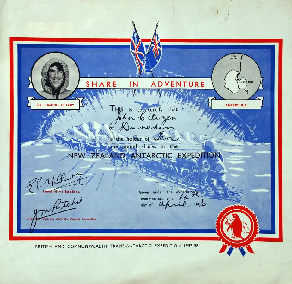Share certificate, British and Commonwealth Trans-Antarctic Expedition. [Dunedin?]: Dunedin Antarctic Appeal Committee, 1956.