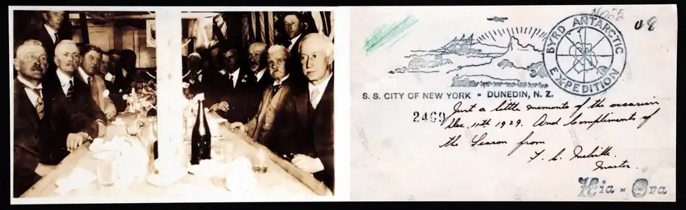 Postcard (copy). Members of the Otago Harbour Board on board the <i>City of New York</i> and verso of card, 11 December 1929.