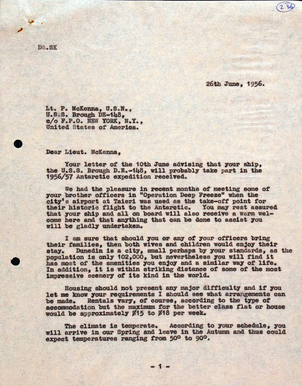 Letter. Mayor [L. M. Wright] to Lt. Patrick McKenna, the Octagon, Dunedin, 26 June 1956.