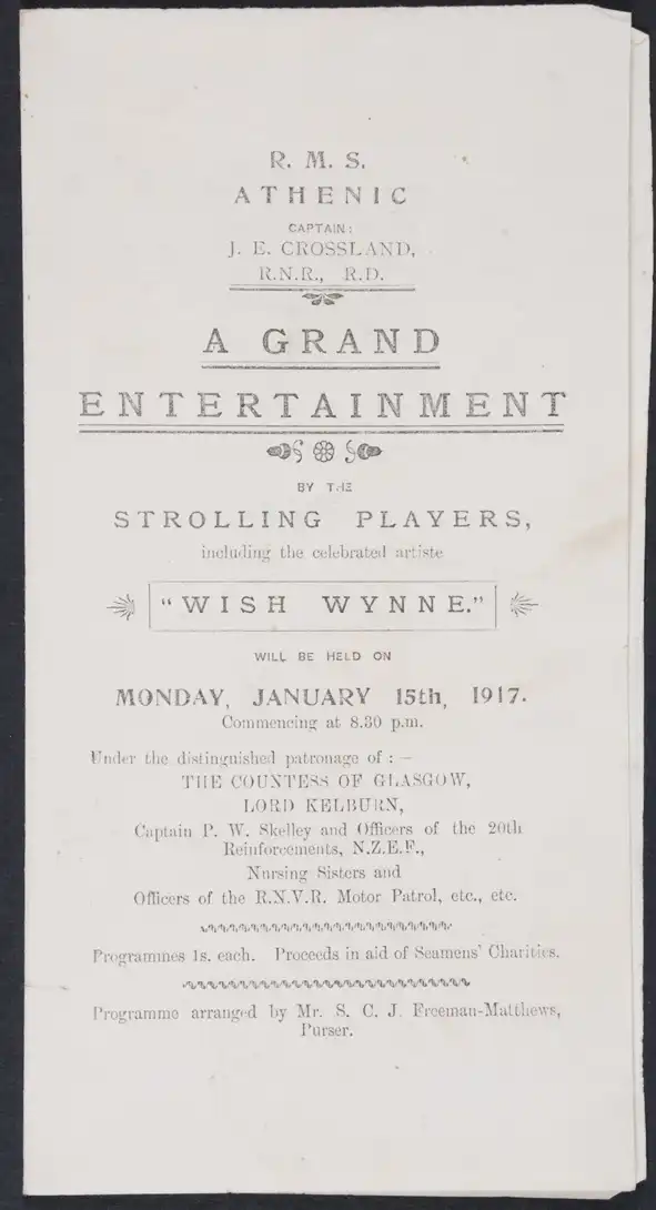A Grand Entertainment by the Strolling Players. Programme. RMS Athenic, 15 January 1917