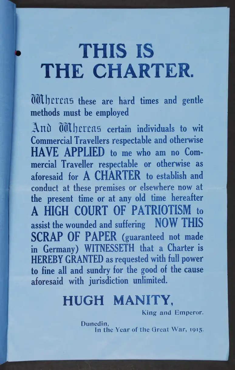 Court of Patriotism High and Full Charter. [Dunedin: New Zealand Commercial Travellers’ and Warehousemen’s Association?], 1915