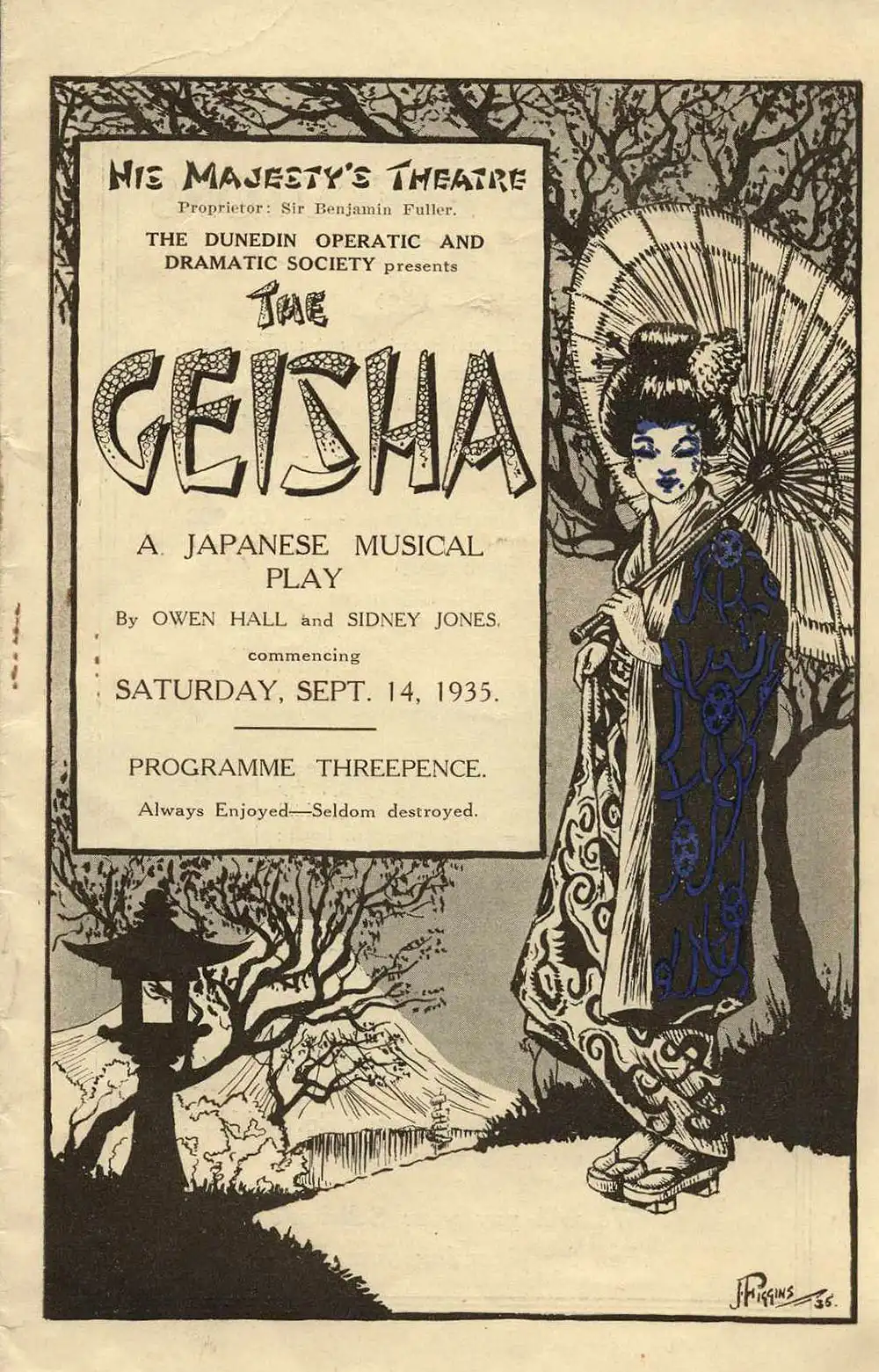 <em>The geisha</em>. Lyrics by Harry Greenbank; libretto by Owen Hall; music by Sidney Jones. (Dunedin Operatic & Dramatic Society). His Majesty's Theatre, Dunedin, Sept. 14, 1935.