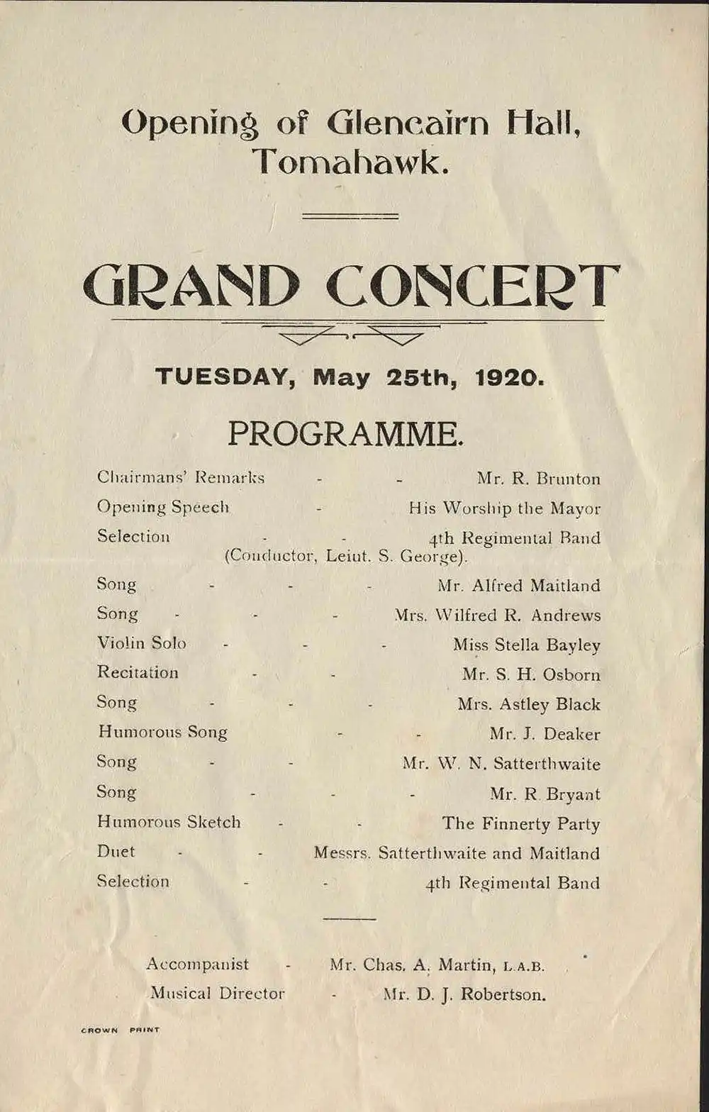 Opening of Glencairn Hall, Tomahawk, 1920.