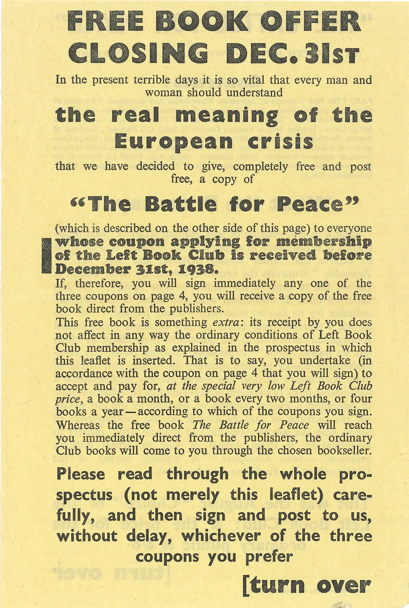 ‘Free Book Offer’ for Elwyn Jones, The battle for peace. (1938)