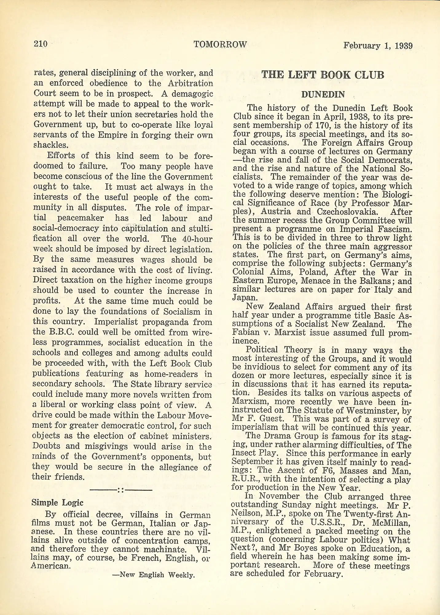 Tomorrow: a New Zealand independent fortnightly paper, 1st February 1939, page 210.