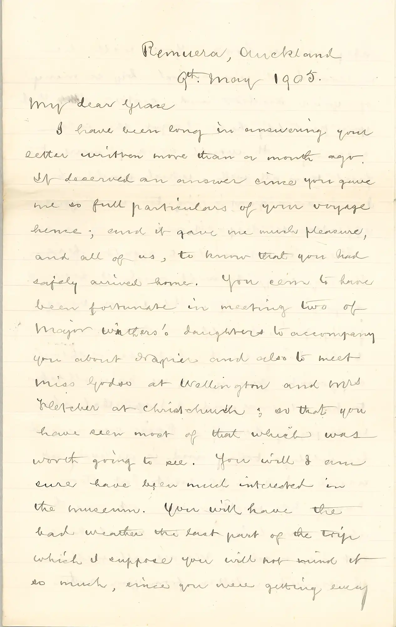 The Honourable Mr Justice Edward Tennyson Conolly (1822-1908). Letter from Conolly, Remuera, Auckland, to his granddaughter Grace, 9 May 1905. 
