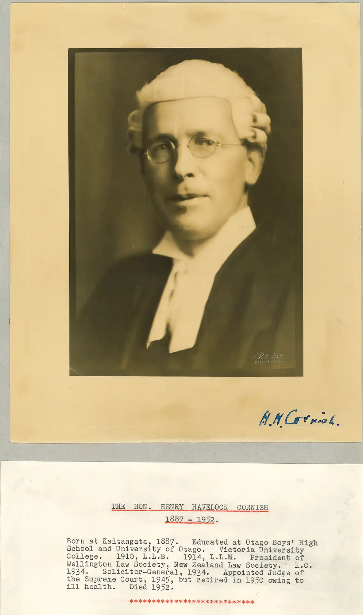 The Honourable Mr Justice Henry Havelock Cornish (1887-1952). Portrait photograph and a brief typed biography.