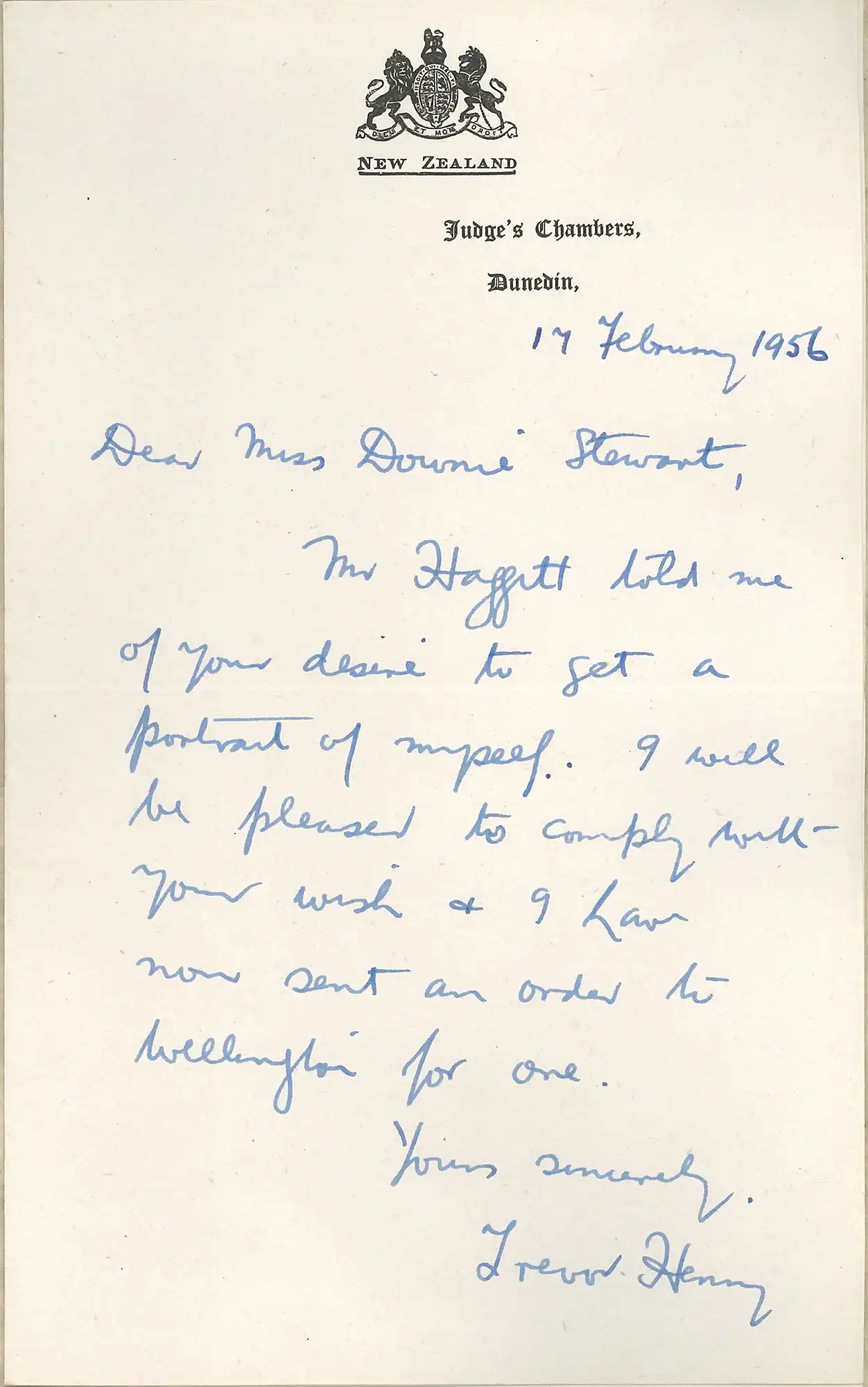 The Honourable Mr Justice Trevor Henry (1902-2007). Letter from Henry to Mary Downie Stewart, 17 February 1956. 