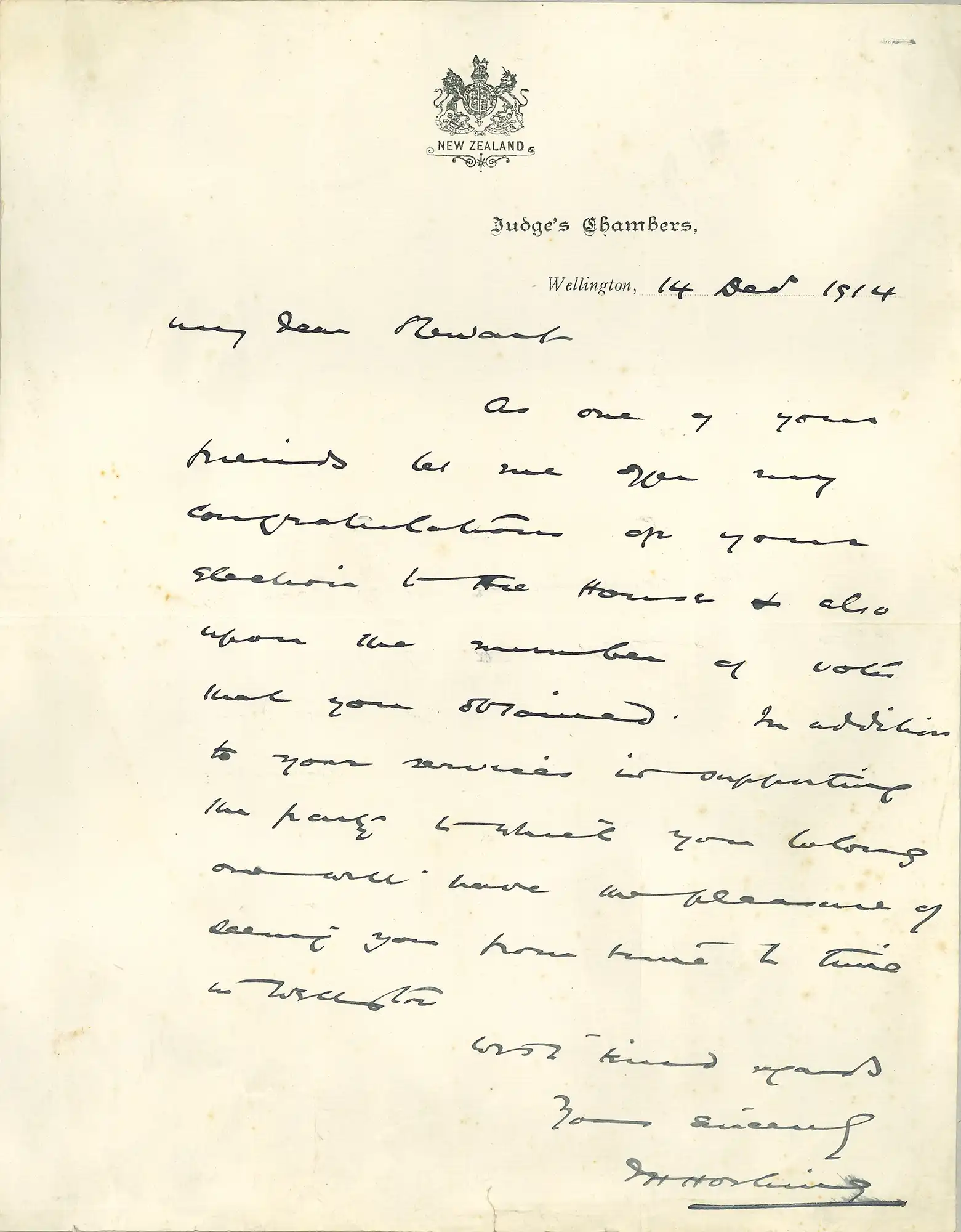 The Honourable Sir John Henry Hosking (1854-1928). Letter from Hosking, Judge’s Chambers, Wellington, to Wiliam Downie Stewart, 14 December 1914.