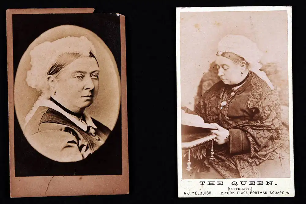 Two cartes de visite of Queen Victoria, one by Arthur J. Melhuish, London, both undated.