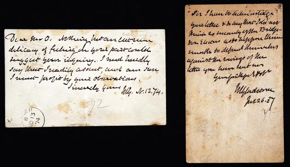 Two postcards signed. William Ewart Gladstone to [unknown], 26 July 1839, and to the Reverend Frederick Oakeley (1802–1880), 12 November 1874.