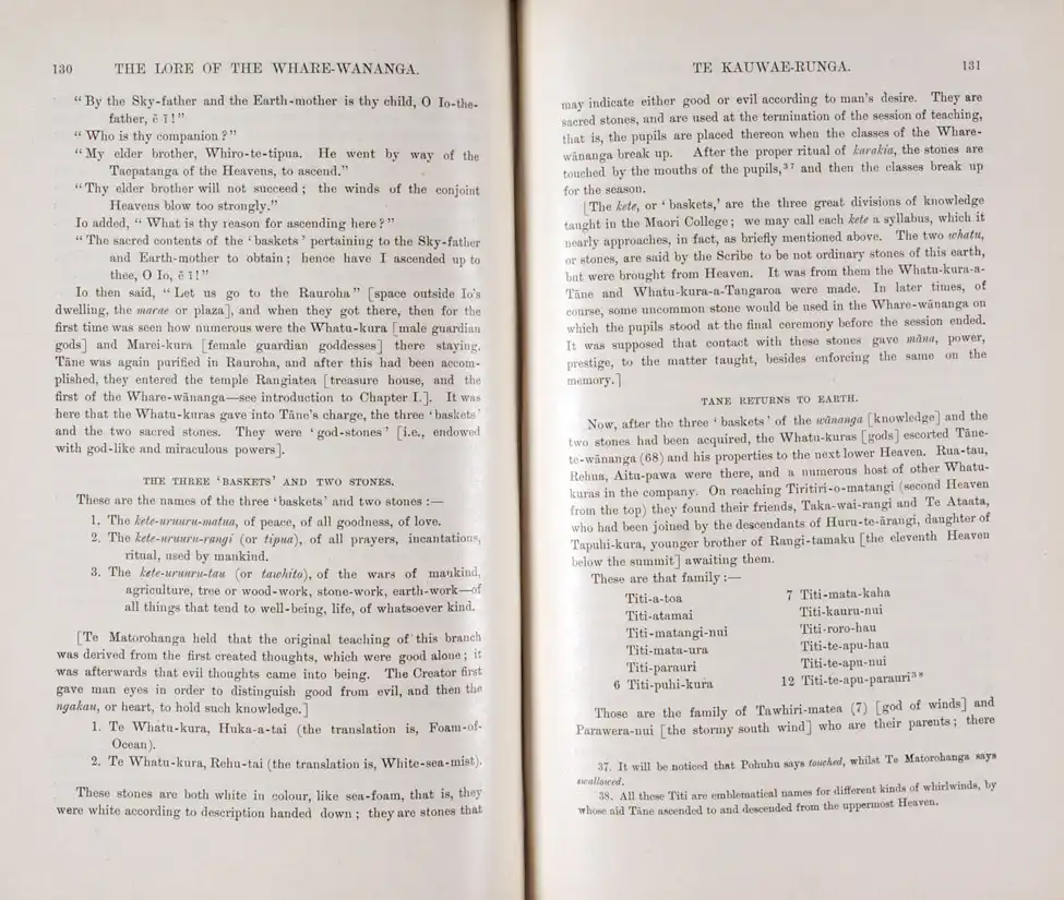 S. Percy Smith. <i>The Lore of the Whare-wānanga; Teachings of the Maori College on Religion, Cosmogny, and History; Written Down by H. T. Whatahoro from the Teachings of Te Matorohanga and Nepia Pohuhu, Priests of the Whare-wānanga of the East Coast, New Zealand. </i> New Plymouth: Printed for the [Polynesian] Society by Thomas Avery, 1913. Two parts, part one displayed.
