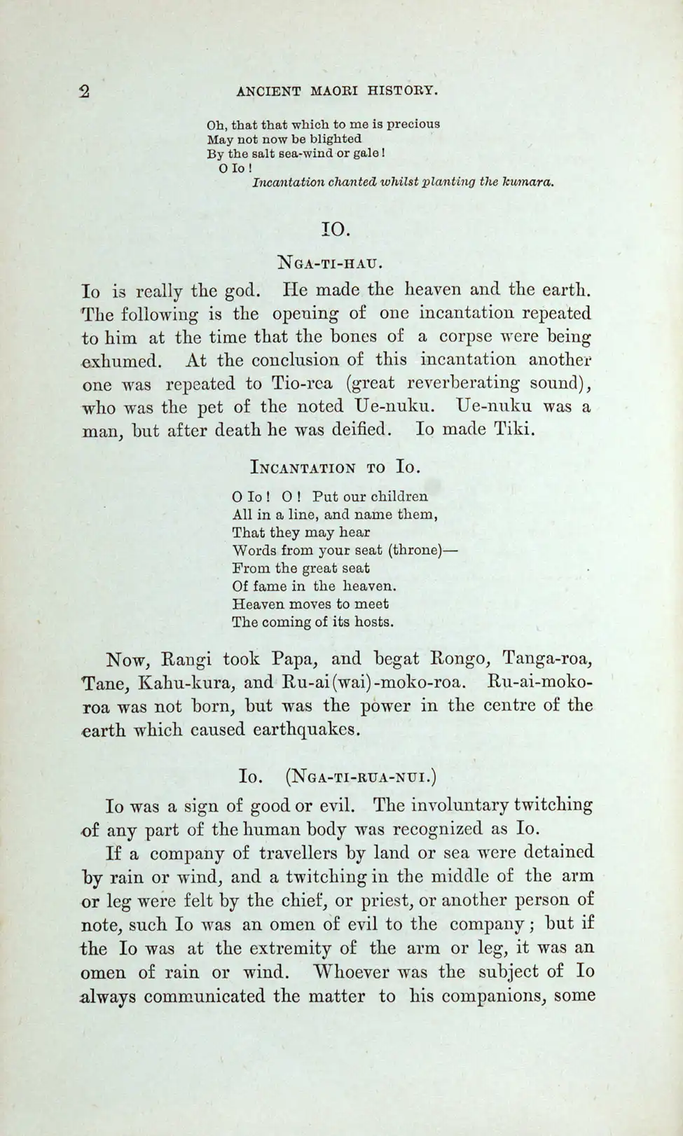 John White. <i>The Ancient History of the Maori, His Mythology and Traditions. </i>Wellington: George Didsbury, 1887. Six volumes, volume two displayed.