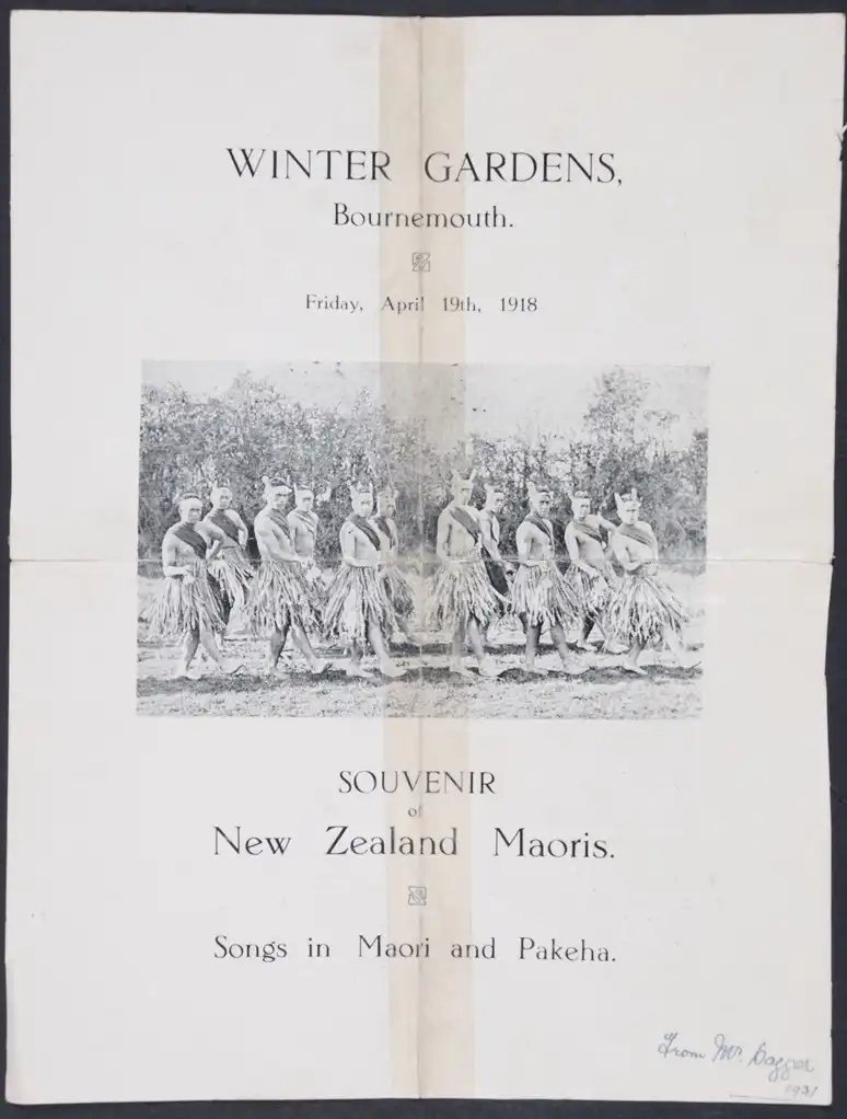 Souvenir of the New Zealand Maoris. Programme and Song Sheet. Bournemouth, England, 19 April 1918