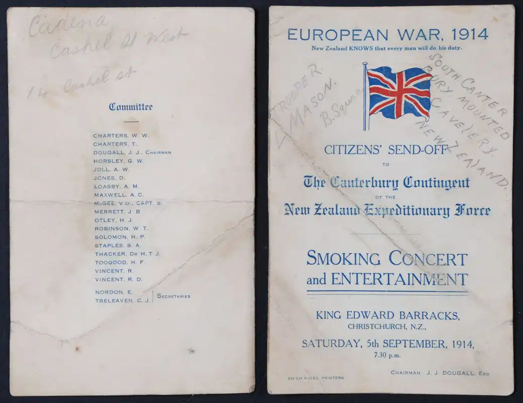 Smoking Concert and Entertainment. Autographed Programme. King Edward Barracks, Christchurch, 5 September 1914