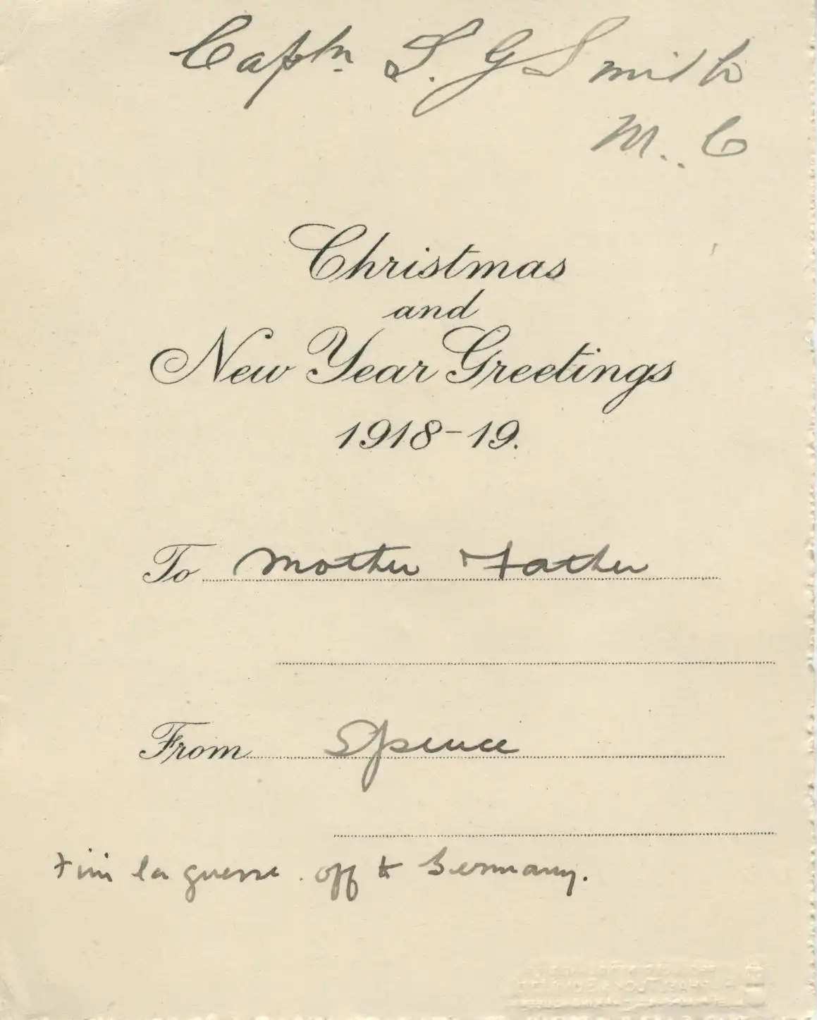Christmas Card. 1st Battalion Canterbury, 1918