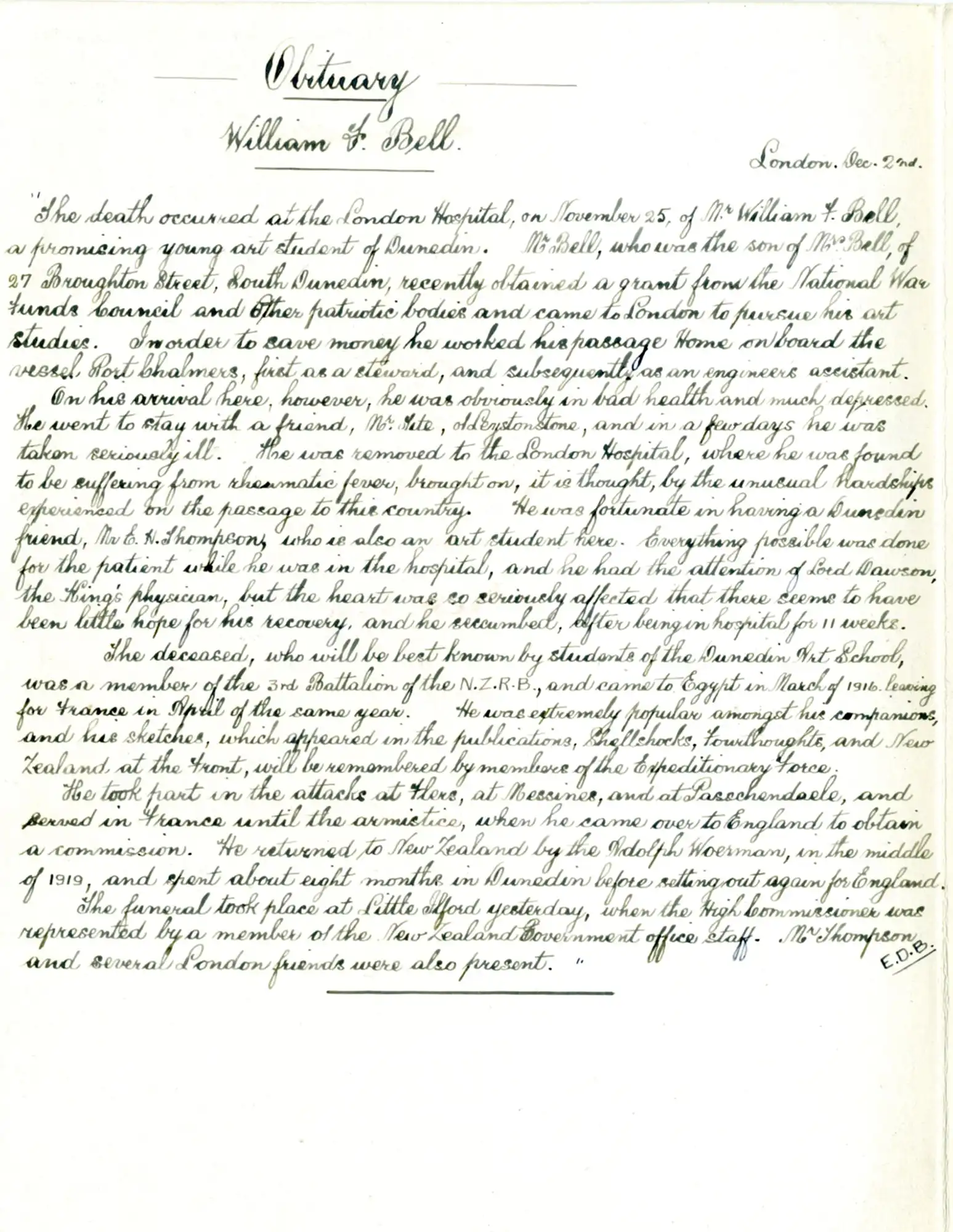 Obituary William F Bell in <i>Otago Daily Times</i>. Dec 2 1921, p. 3. Transcription by Elizabeth Dunbar Bryant