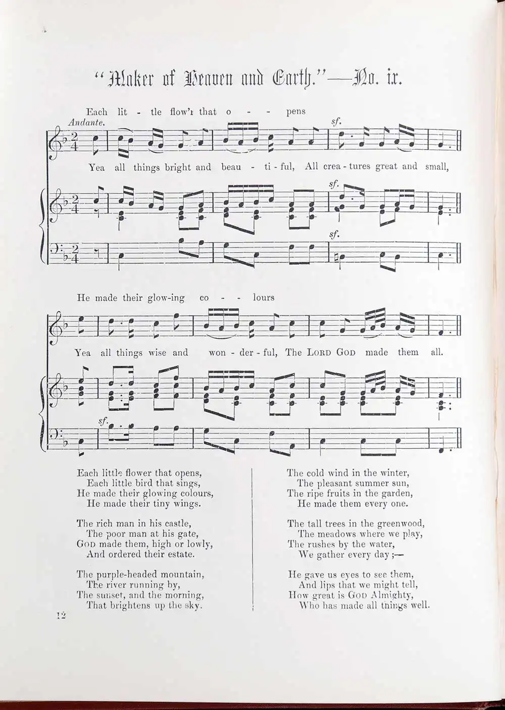Cecil Francis Alexander (words) Henry J. Gauntlett (music). <em>Hymns for little children.</em> London: W. Walker, [1877?]