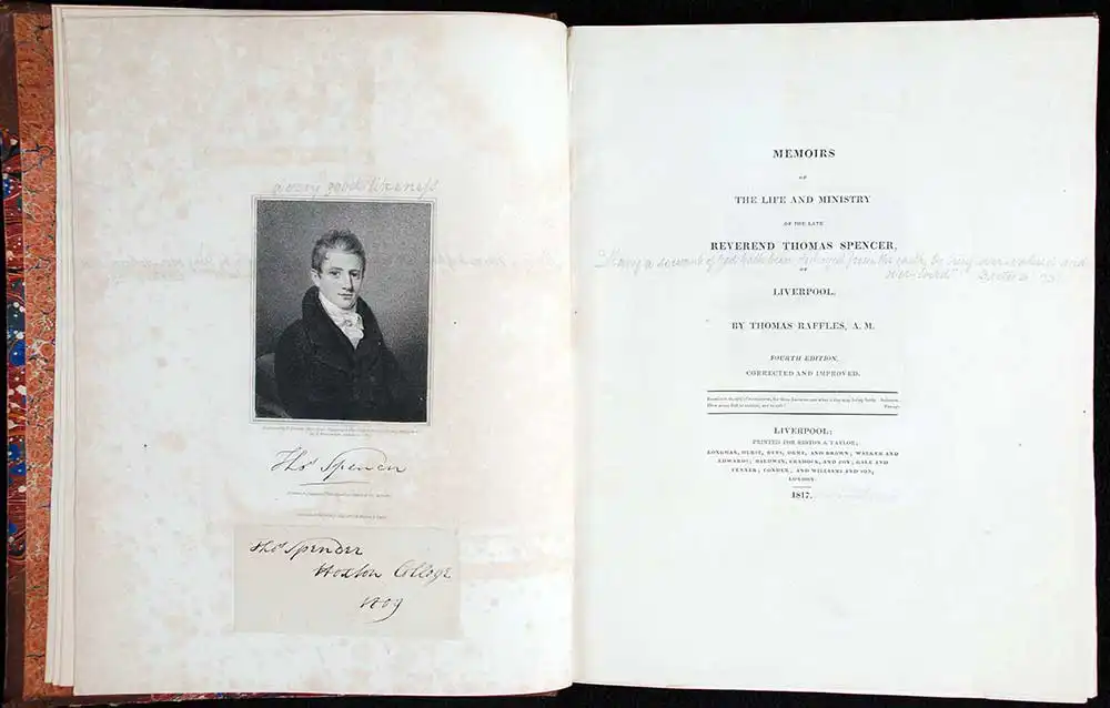 Thomas Raffles. <em>Memoirs of the life and ministry of the late Reverend Thomas Spencer of Liverpool</em>. 4th edition. Liverpool: Printed by Gregory & Taylor, 1817.
