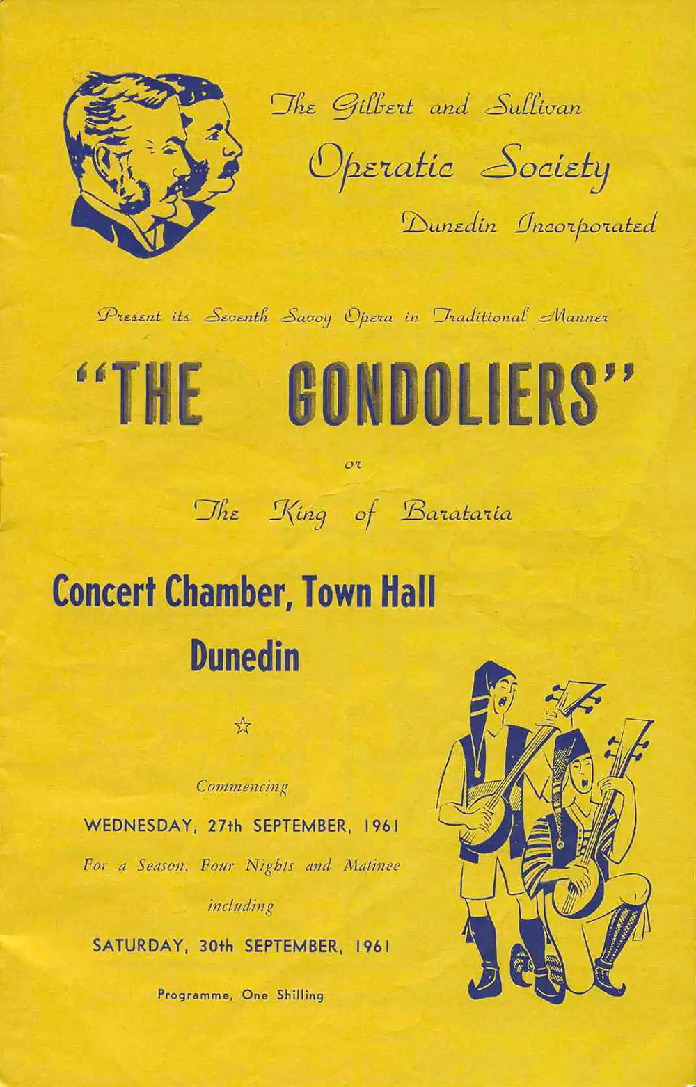 <em>The Gondoliers</em>. Libretto by W.S. Gilbert; music by Arthur Sullivan. (Gilbert and Sullivan Operatic Society Dunedin). Concert Chamber, Town Hall, Dunedin, Sept. 27-30, 1961.