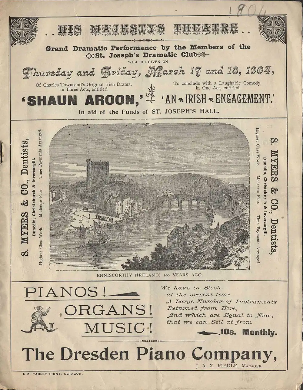 <em>Shaun Aroon</em>. Charles Townsend. <em>An Irish engagement</em>. (St Joseph’s Dramatic Club). His Majesty’s Theatre, Dunedin, Mar. 17-18, 1904. 