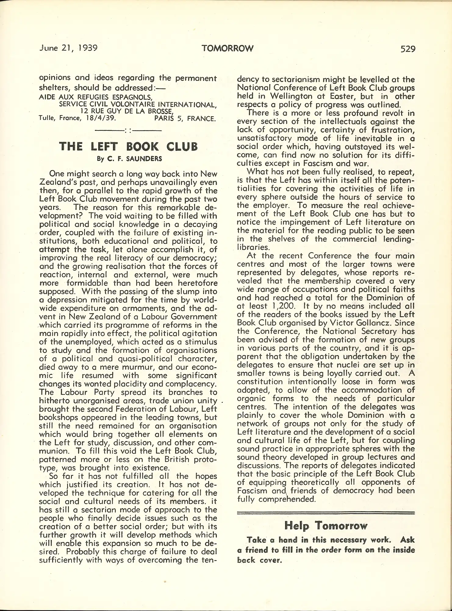 Tomorrow: a New Zealand independent fortnightly, 21st June 1939, page 529.