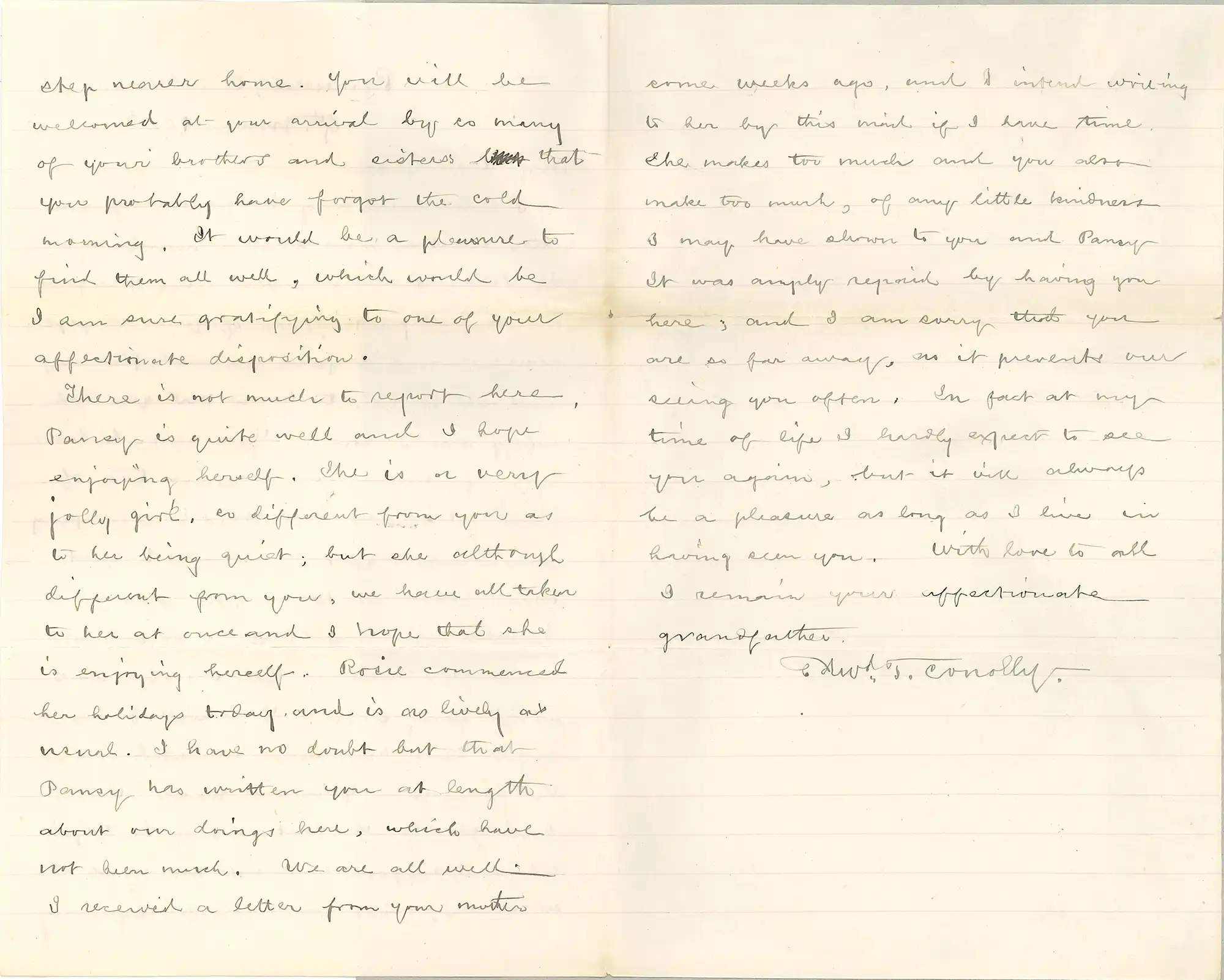 The Honourable Mr Justice Edward Tennyson Conolly (1822-1908). Letter from Conolly, Remuera, Auckland, to his granddaughter Grace, 9 May 1905.