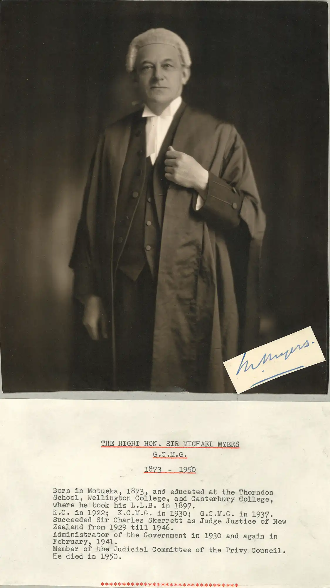 Chief Justice the Right Honourable Sir Michael Myers (1873-1950). Portrait photograph (with signature).