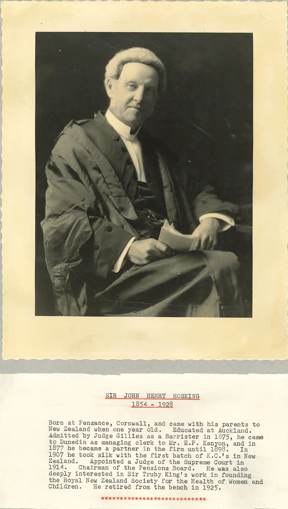 The Honourable Sir John Henry Hosking (1854-1928). Portrait photograph and brief typed biography.