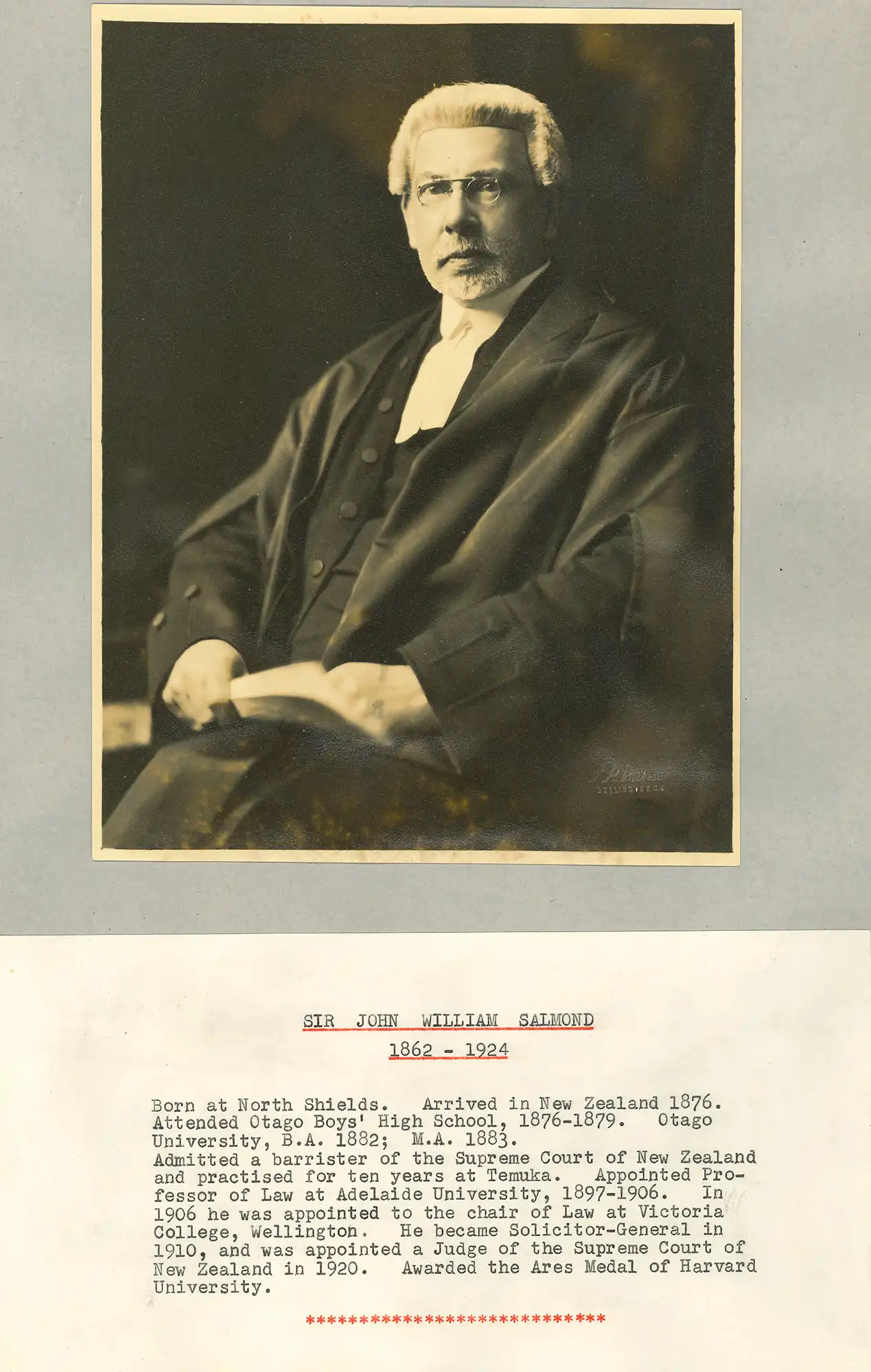 The Honourable Sir John William Salmond (1862-1924). Portrait photograph and brief typed biography.