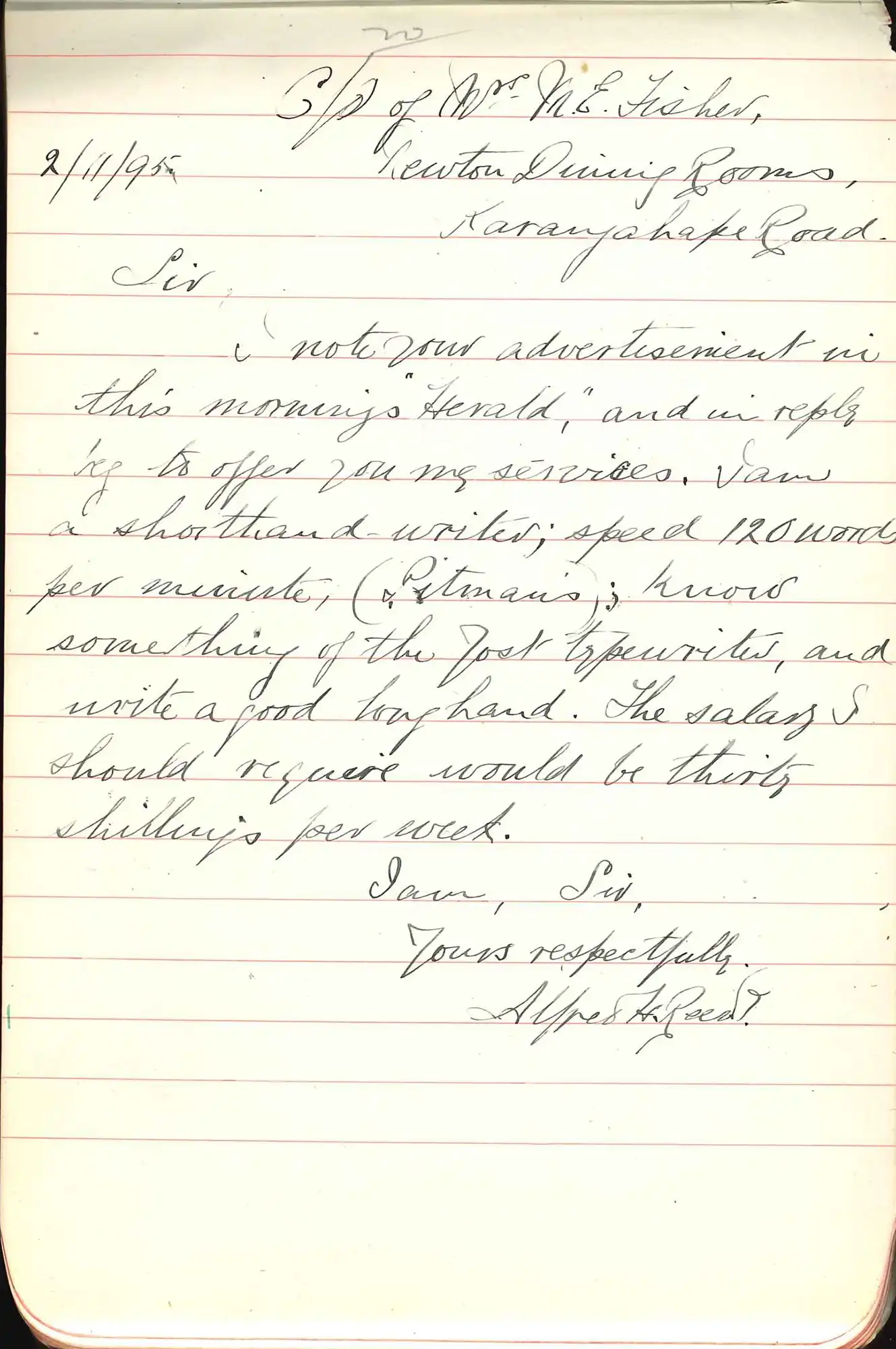 Pages from Alfred Reed’s 1895 diary, containing a draft letter in response to typewriting job application.