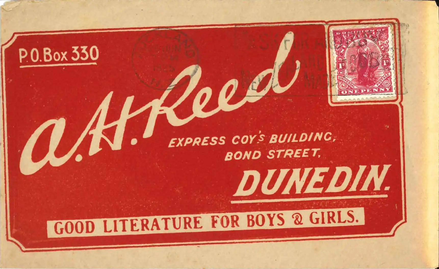 Company envelope for A.H. Reed, Express Company Building, Dunedin, 1925.