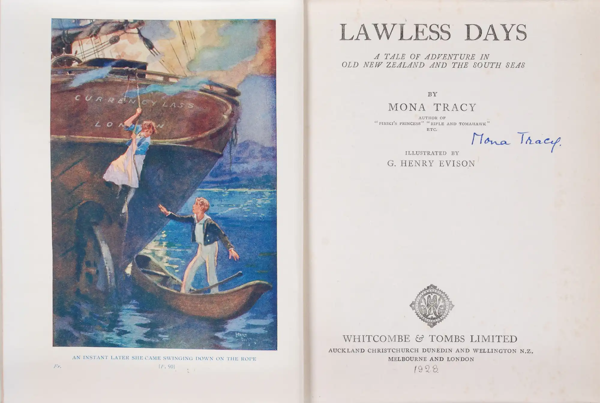 Mona Tracy.  Lawless days :  tale of adventure in old New Zealand and the South Seas. Auckland, N.Z.: Whitcombe & Tombs, [1928].