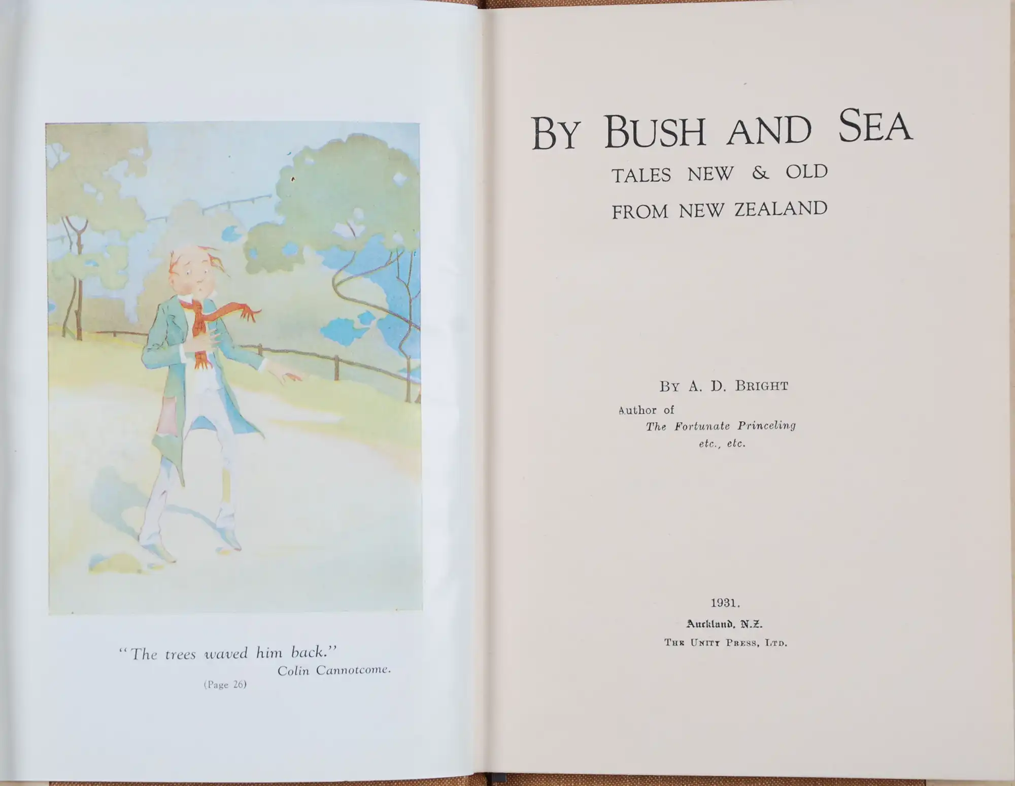 A.D. Bright. By bush and sea : tales old & new from New Zealand; illustrations by  Kennaway and Frank Wright. Auckland, N.Z.: Unity Press, 1931.