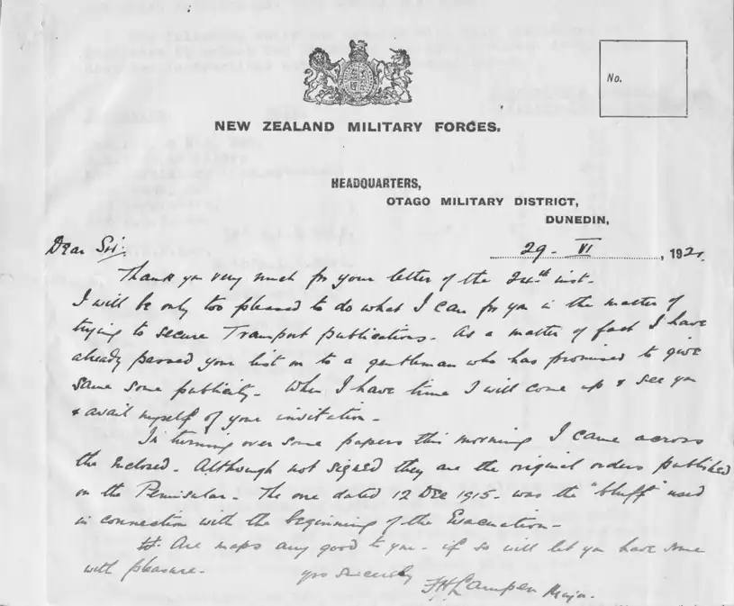 Francis Henry Lampen to Dear Sir. Letter. Dunedin, New Zealand Military Forces, 29 July 1921 in Army Corps Orders, Gallipolli Apr-Dec 1915 