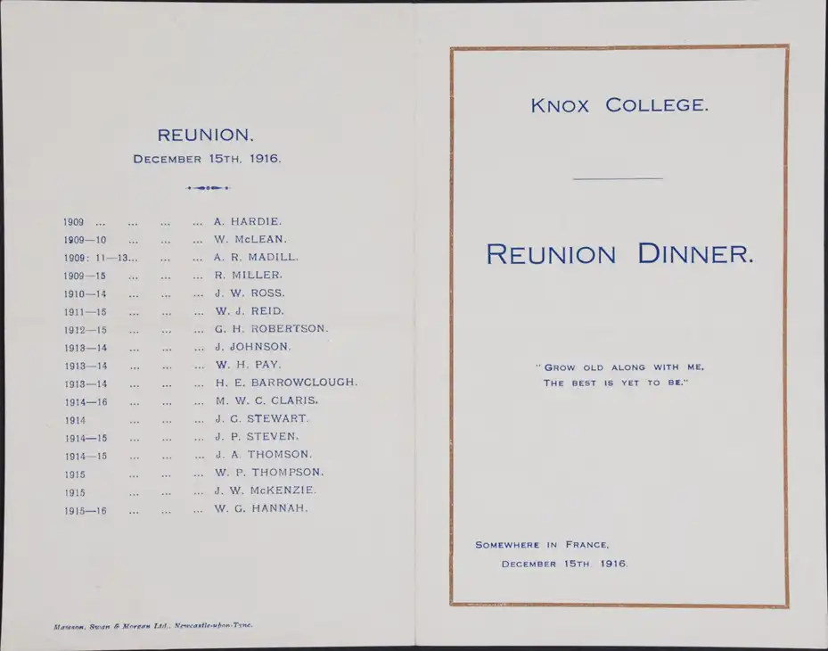Knox College Reunion Dinner. Toast List.  France, 1916