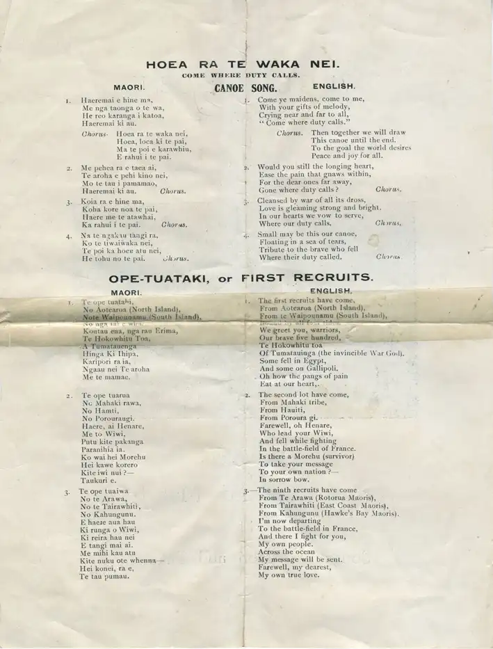 Souvenir of the New Zealand Maoris. Programme and Song Sheet. Bournemouth, England, 19 April 1918