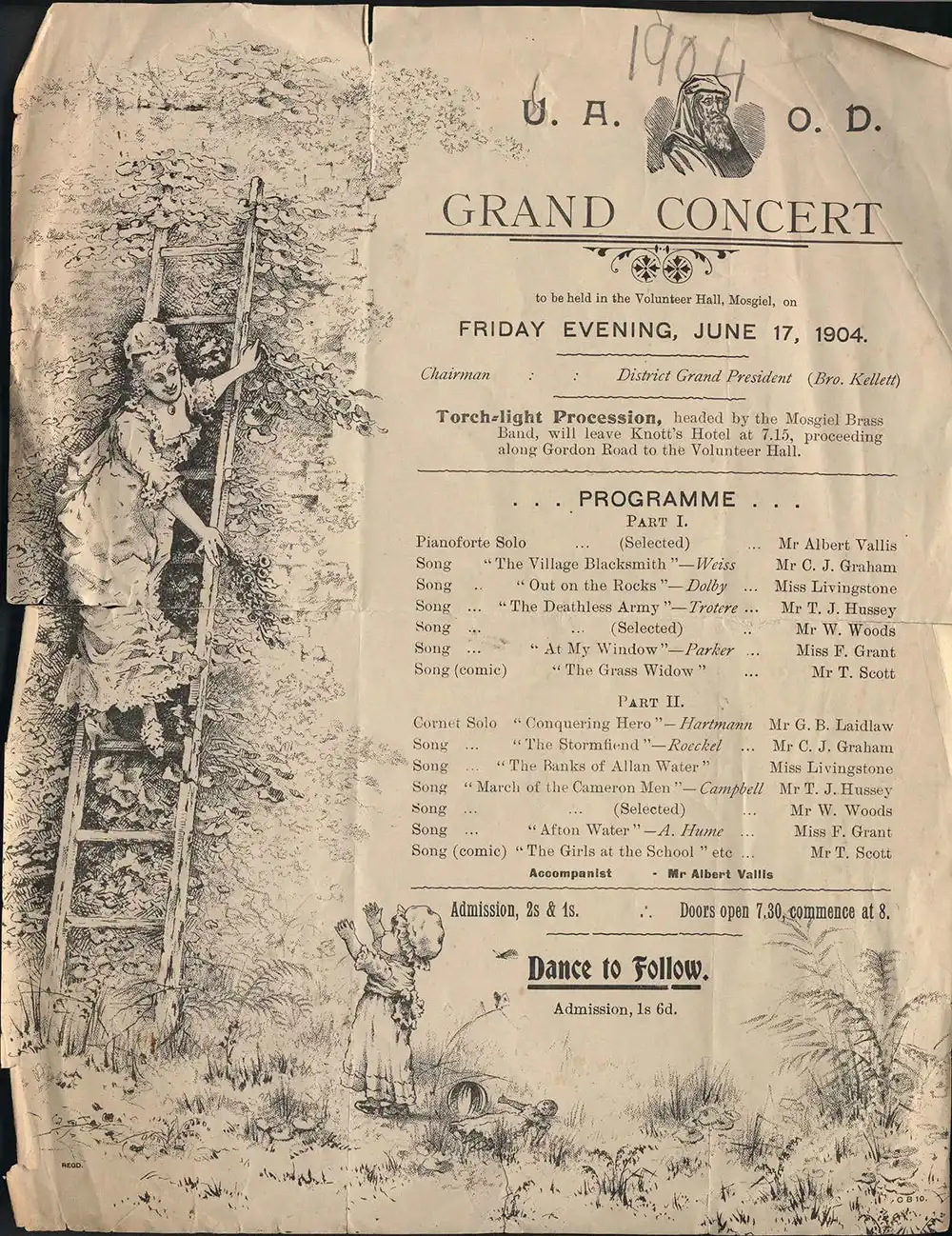 <em>U.A.O.D. grand concert</em>. (United Ancient Order of Druids). Volunteer Hall, Mosgiel, June 17, 1904. 