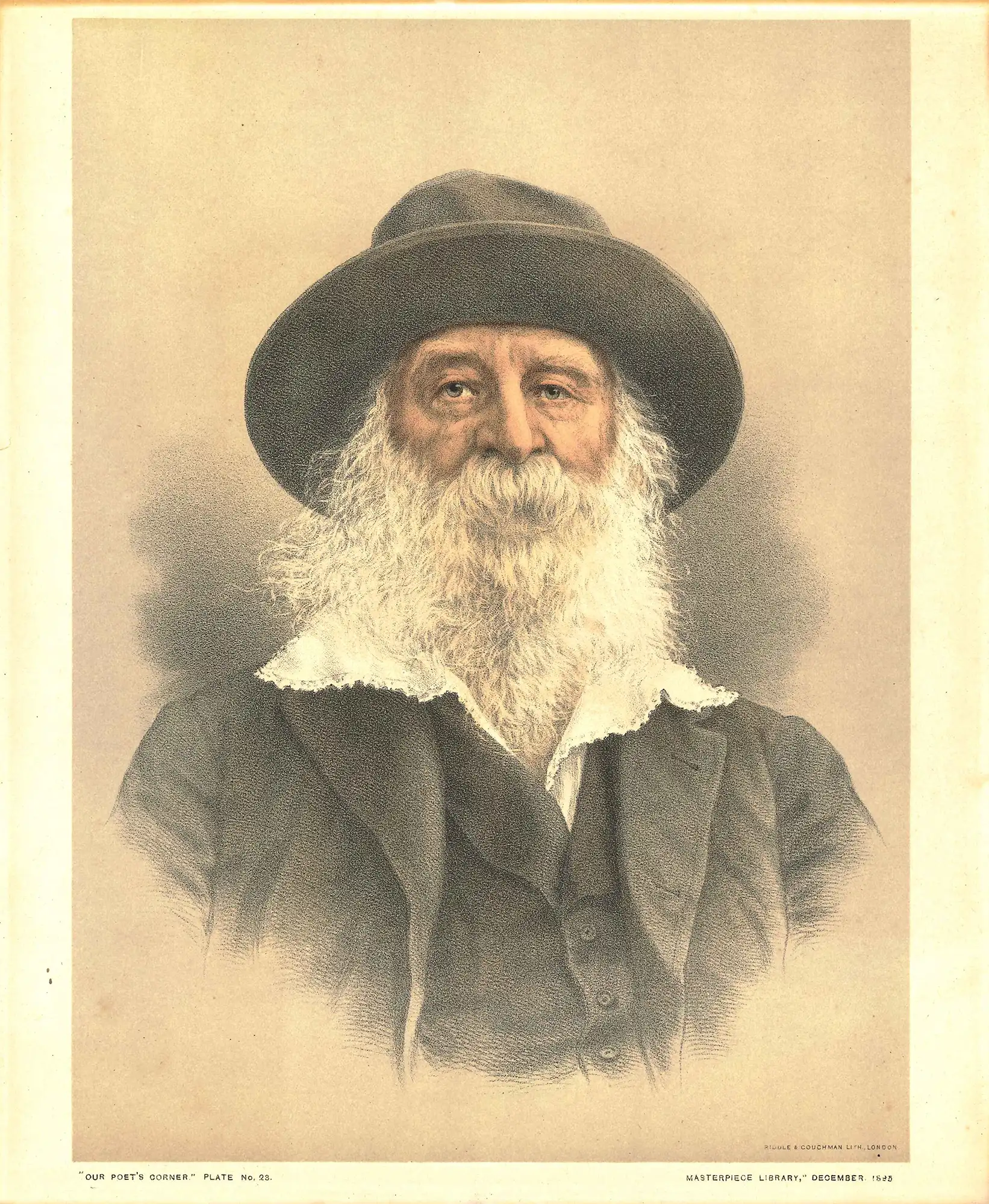 Lithograph portrait of Walt Whitman. From Our Poets’ Corner: A Portrait Album of Famous Poets. London: Review of Reviews, December 1895.