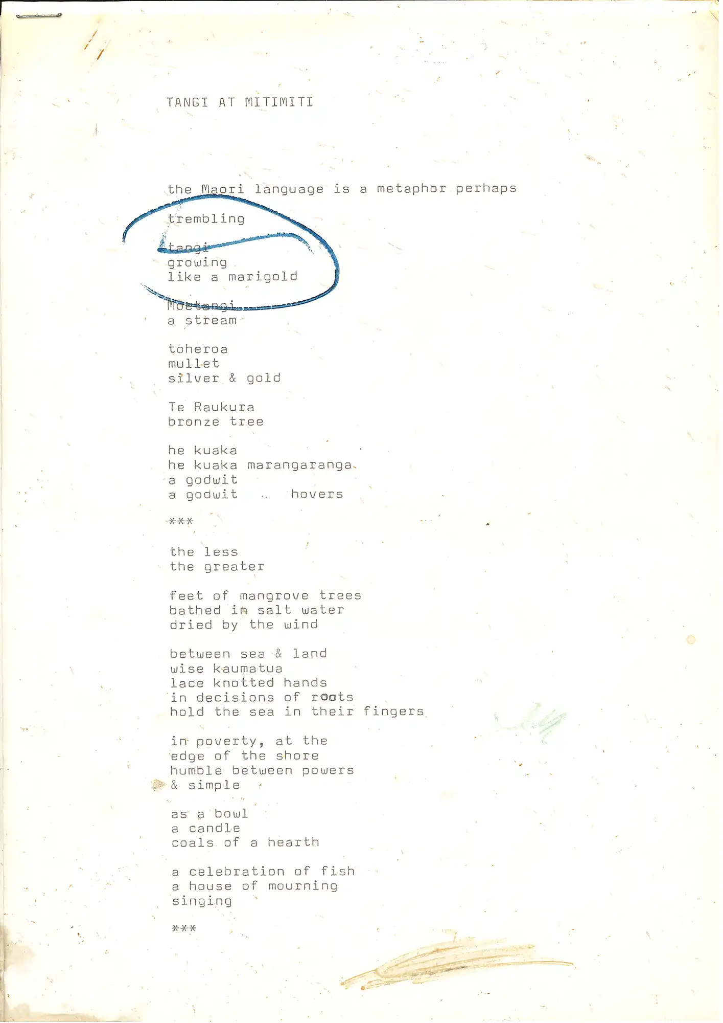 Cilla McQueen, Typed poem ‘Tangi at Mitimiti’, 1982. Hotere Ephemera