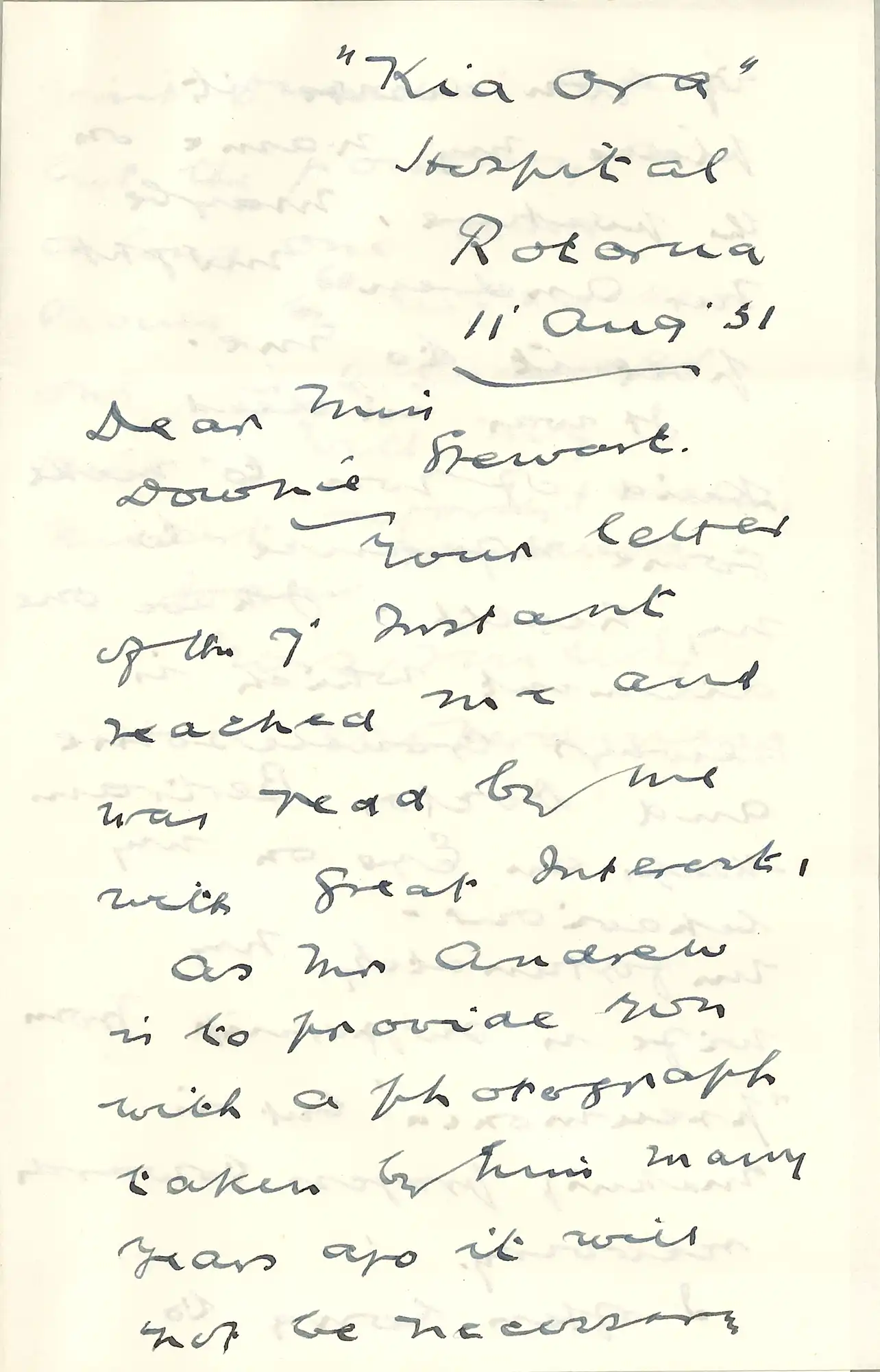 The Honourable Sir Alexander Lawrence Herdman (1869-1953). Letter from Herdman, Hospital, Rotorua, to Mary Downie Stewart, 11 August 1951.