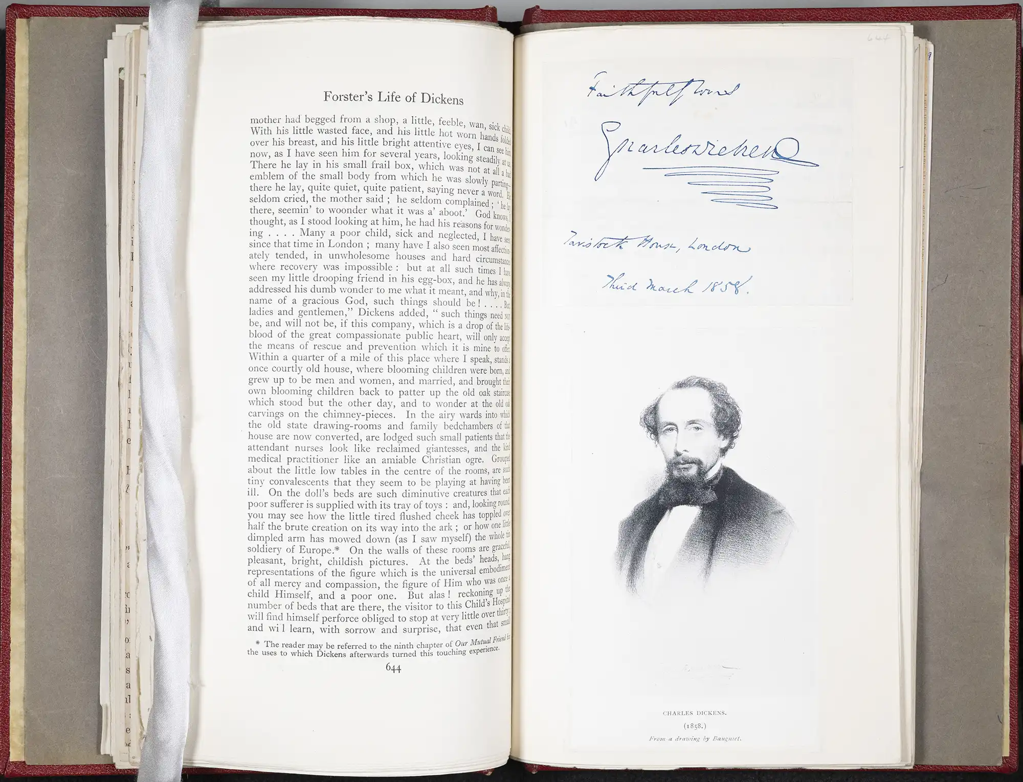 John Forster. The Life of Charles Dickens. London: Cecil Palmer, 1928; extra-illustrated by A.H. Reed. 20 volumes. Vol. 14, p. 644 displayed.