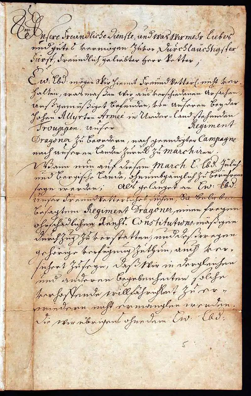 Document concerning troop movements, in German, initialled. George Ludwig, Elector of Hanover, later King of Great Britain (1660–1727), to Johann Wilhelm Pfalzgraf (1658–1716), Herrenhausen, 17 September 1711.