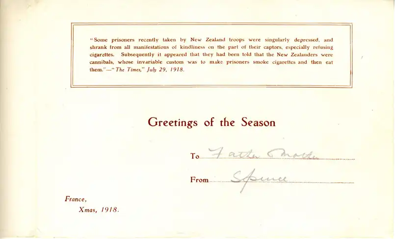 Roberts. Christmas Card. France, 1918