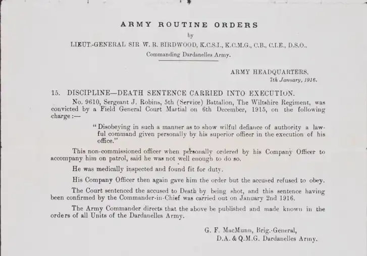 Death Sentenced Carried into Execution. Army Routine Orders 15. 7 January 1916