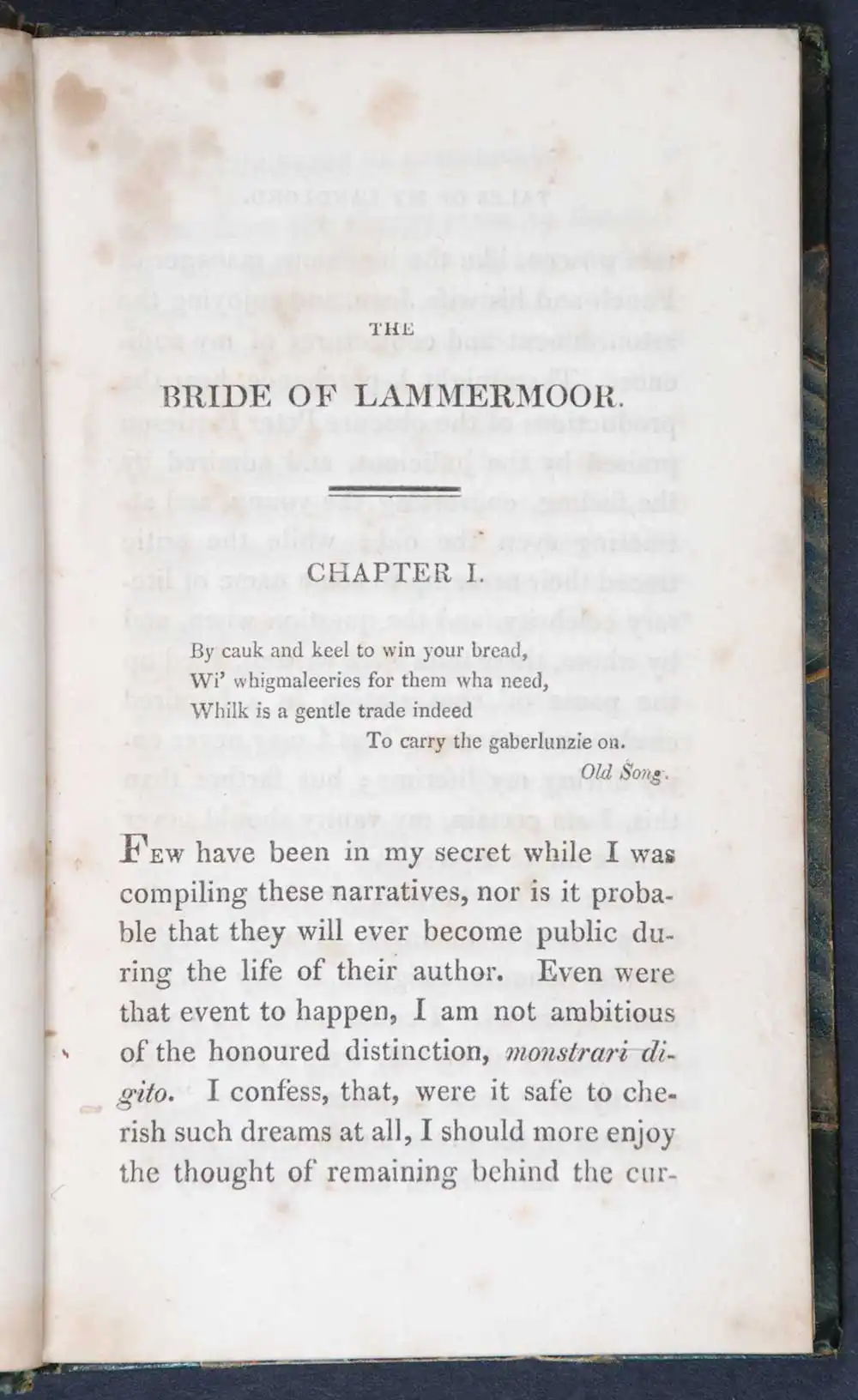 [Sir Walter Scott]. <em>Tales of my landlord: third series.</em> [1st edition]. Edinburgh: Printed for Archibald Constable and Co., Edinburgh; Longman, Hurst, Rees, Orme and Brown … ; and Hurst, Robinson and Co., London, 1819. Four volumes; Vol. 1 displayed.
