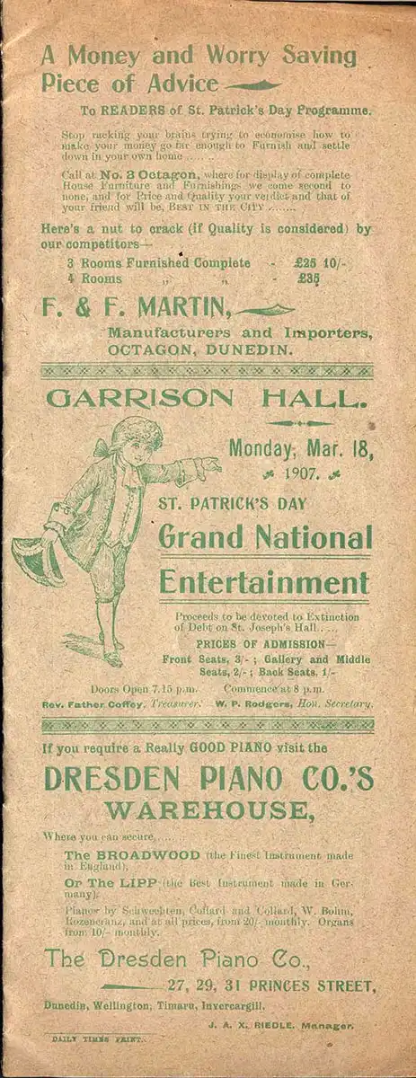 <em>St. Patrick's Day grand national entertainment</em>. Garrison Hall, Dunedin, Mar. 18, 1907. 