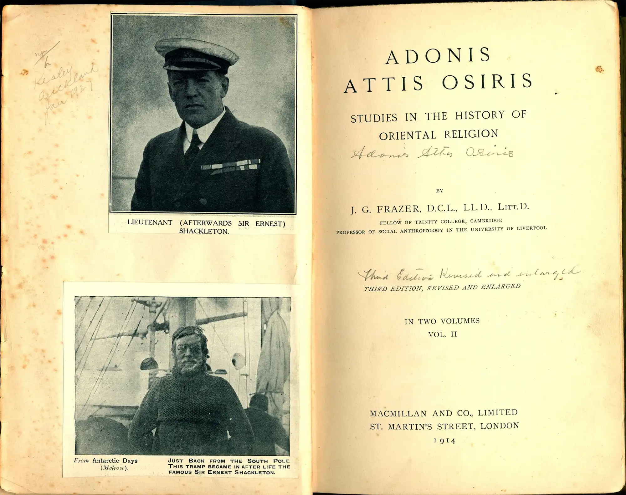 James George Frazer. Adonis, Attis, Osiris: studies in the history of oriental religion. 3rd edition. London: Macmillan, 1914. Two volumes; Vol. 2 displayed.