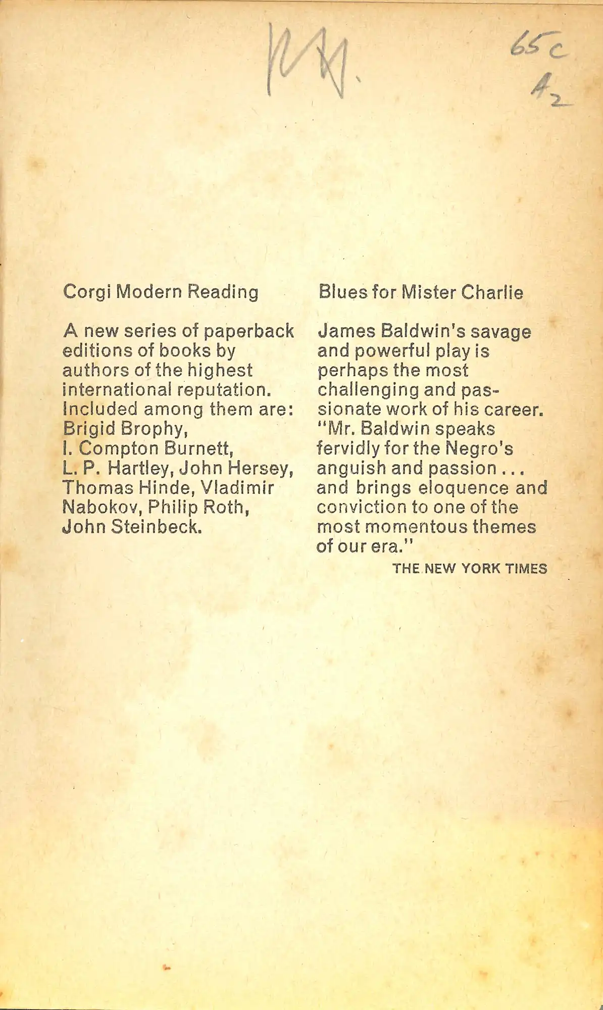 James Baldwin, Blues for Mister Charlie. London: Corgi Books, 1966. SPRH 812 BAL