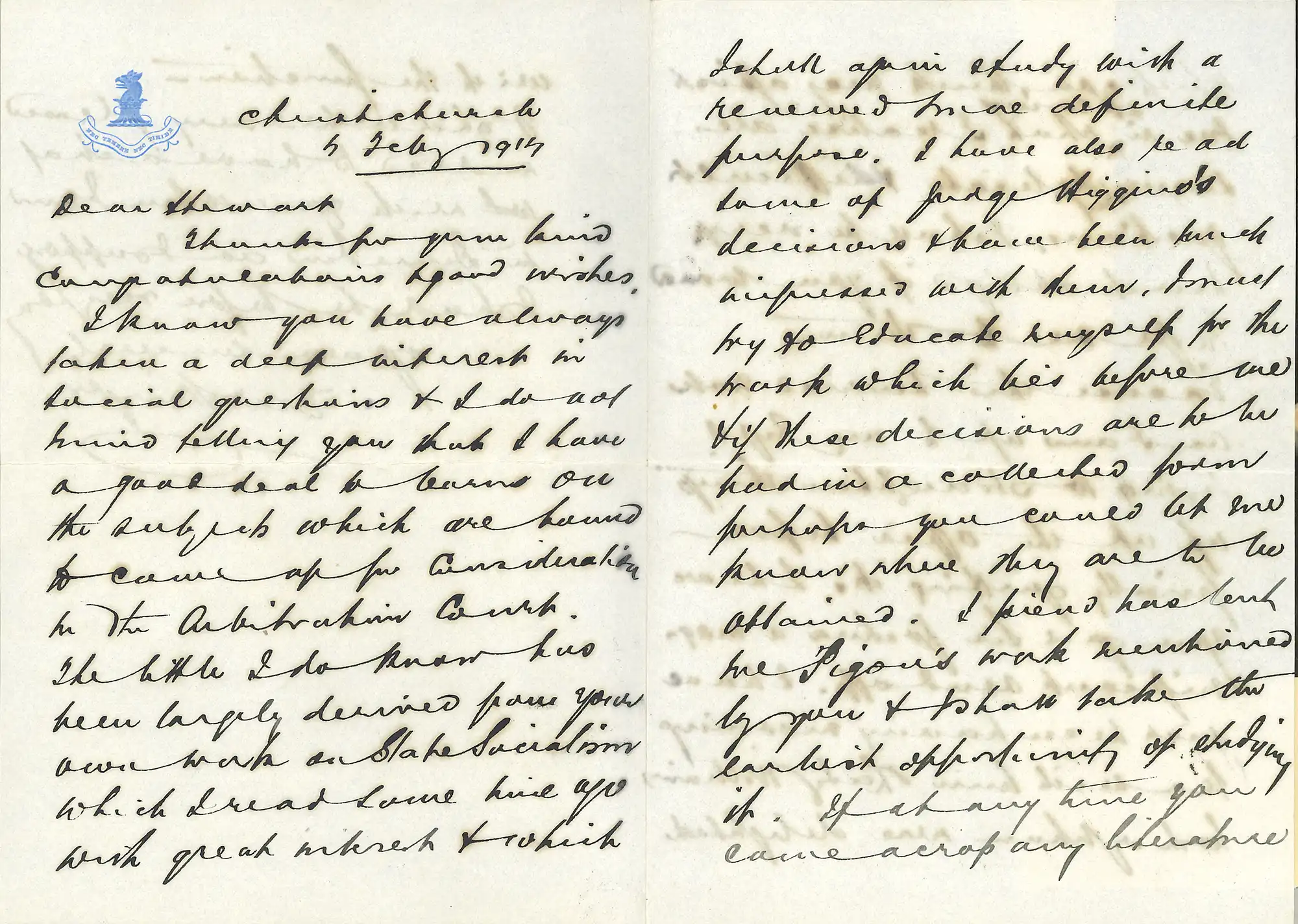 The Honourable Sir Thomas Walter Stringer (1855-1944). Letter from Stringer to William Downie Stewart, 4 February 1914. 